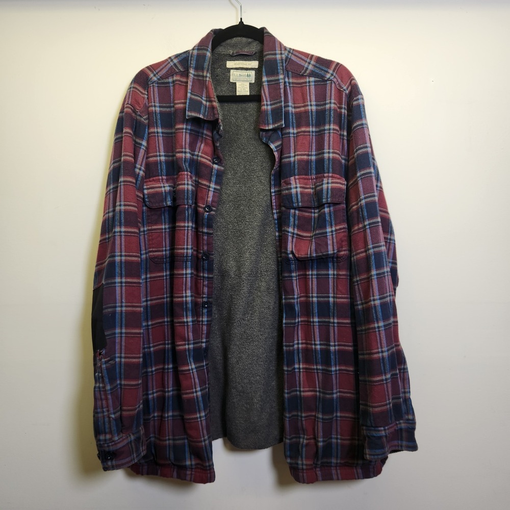 L.L. Bean Fleece Lined Flannel Button Down Shirt XL Patched Workwear Distressed